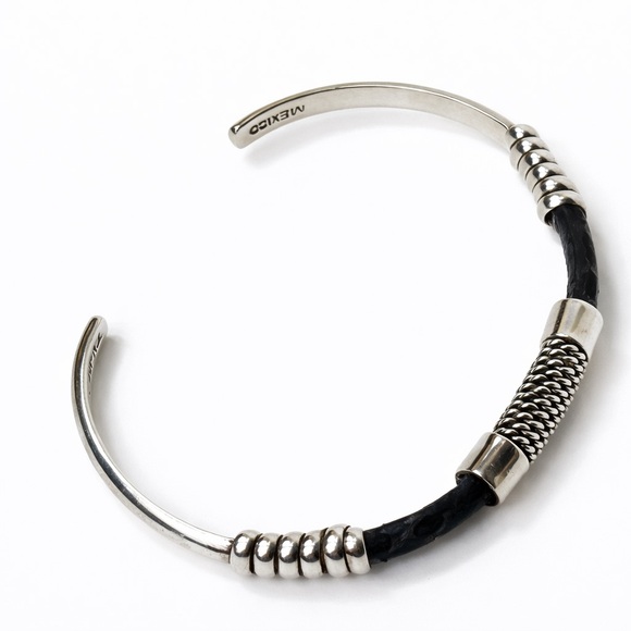 Vintage Taxco Mexico 925 Sterling Silver Leather Cuff Bracelet Artisan SZ 7-7.5 - Picture 3 of 10